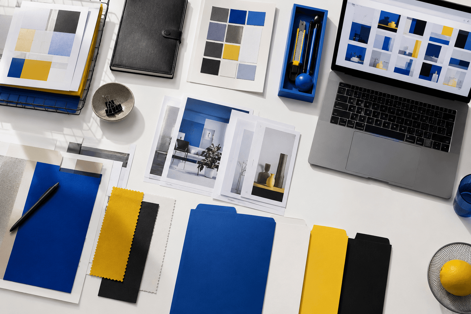 Organised product asset library with prints and material swatches