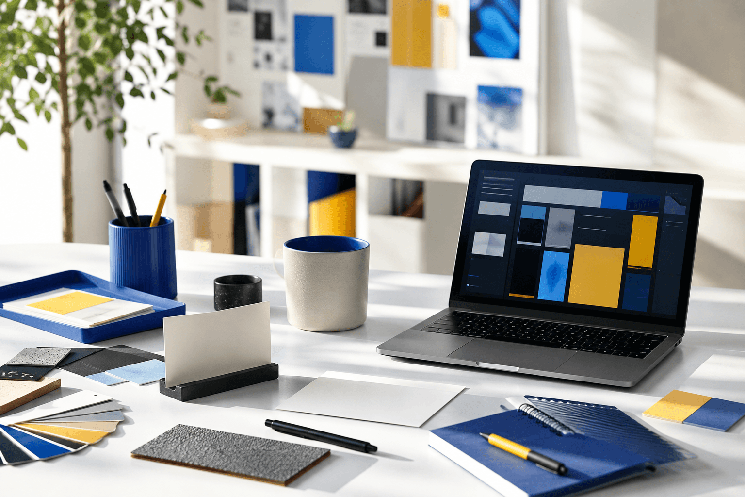 Creative operations desk with briefing cards and colour chips