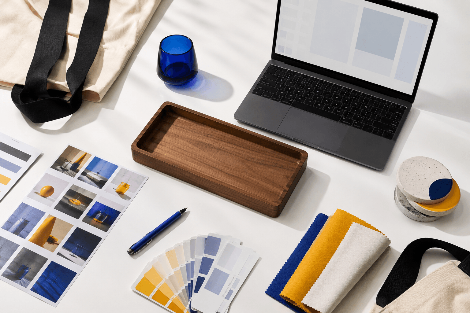 Visual merchandising desk with product assets and crop sheets