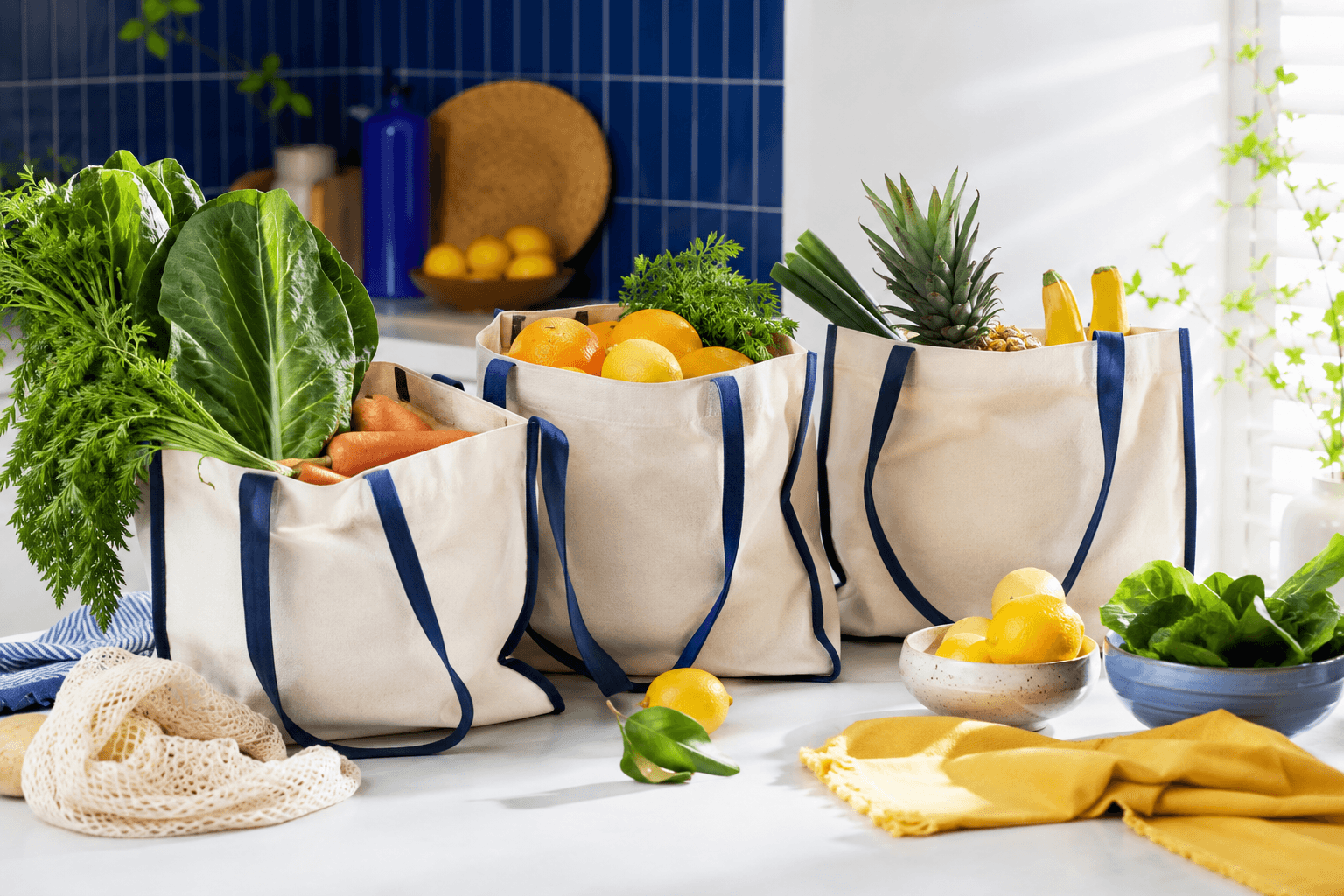 Reusable canvas market bags in a bright grocery scene