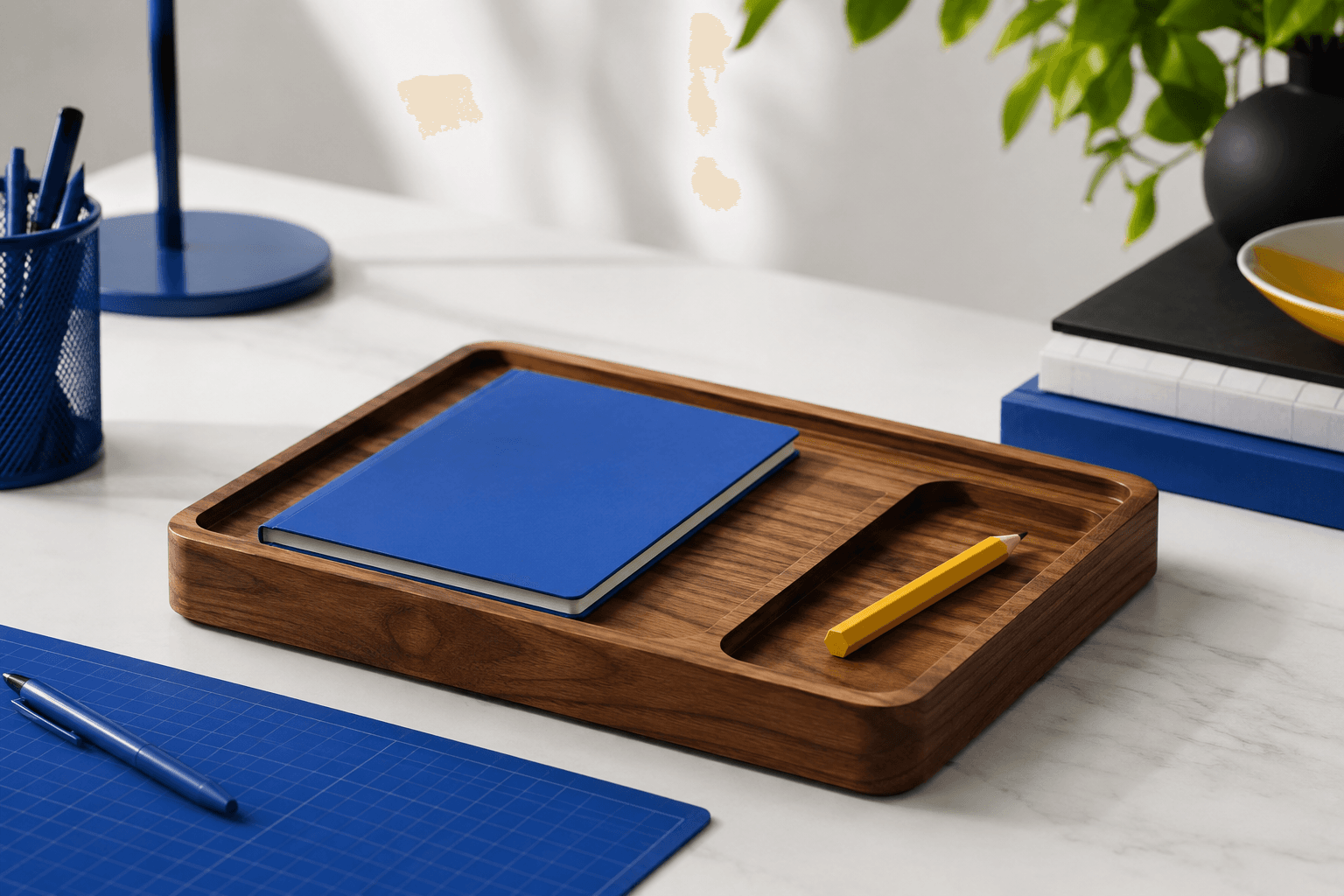 Walnut desk tray in a clean remote-work studio