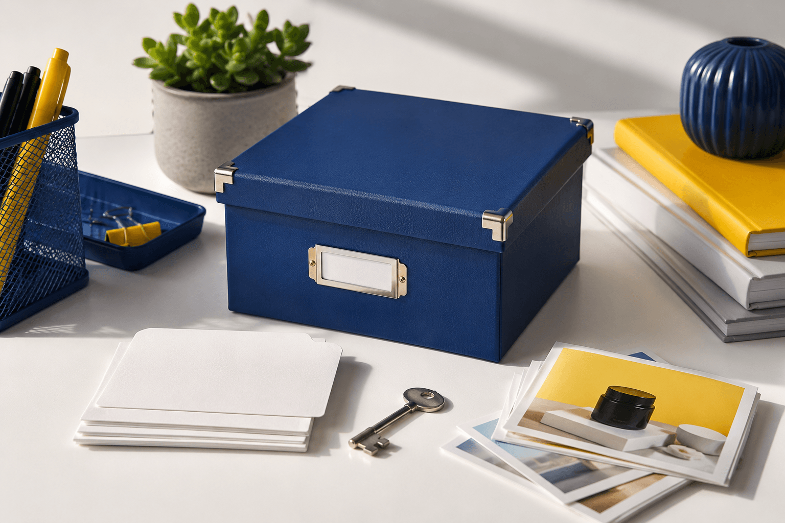 Organised digital workspace with archive box and product images