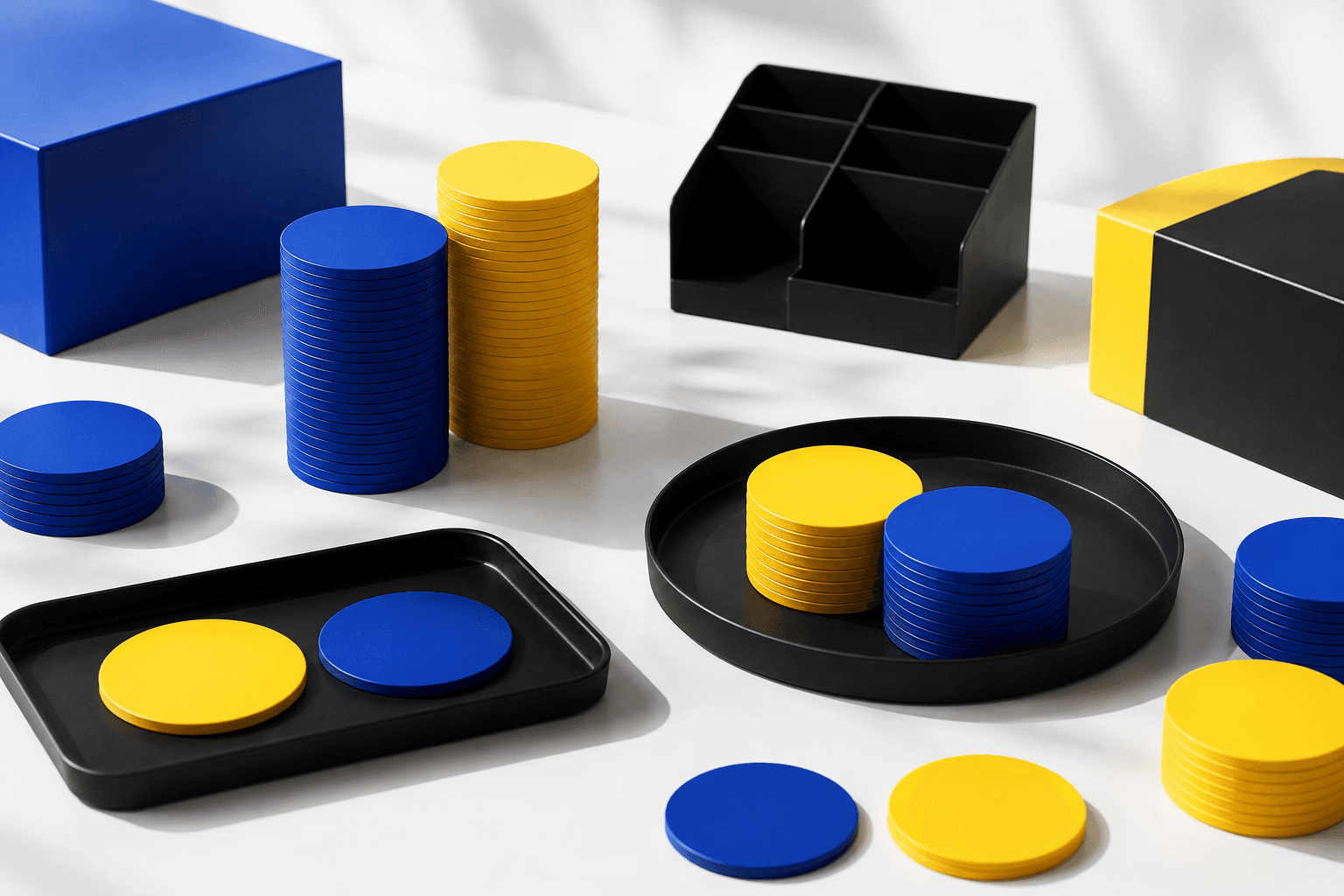 Stacks of creative capacity tokens beside product contact sheets