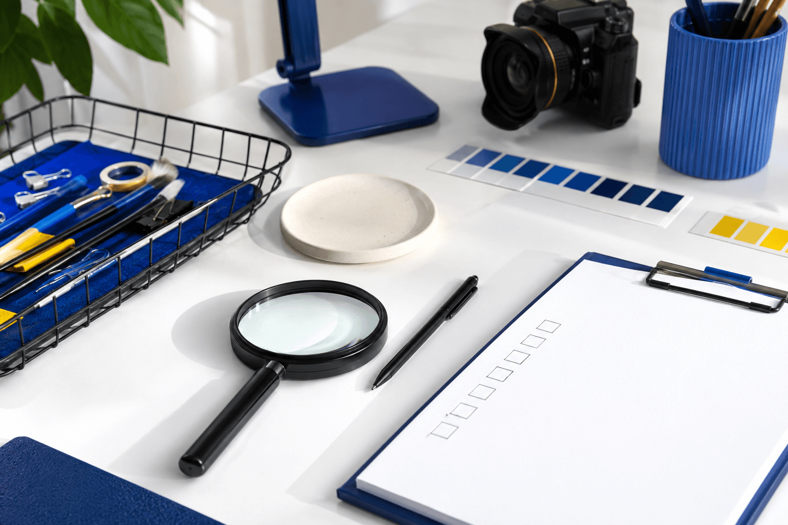 Content review desk with product photograph and blank checklist